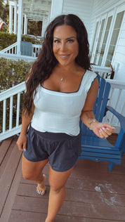 Chic White and Navy Piped Ribbed Tank