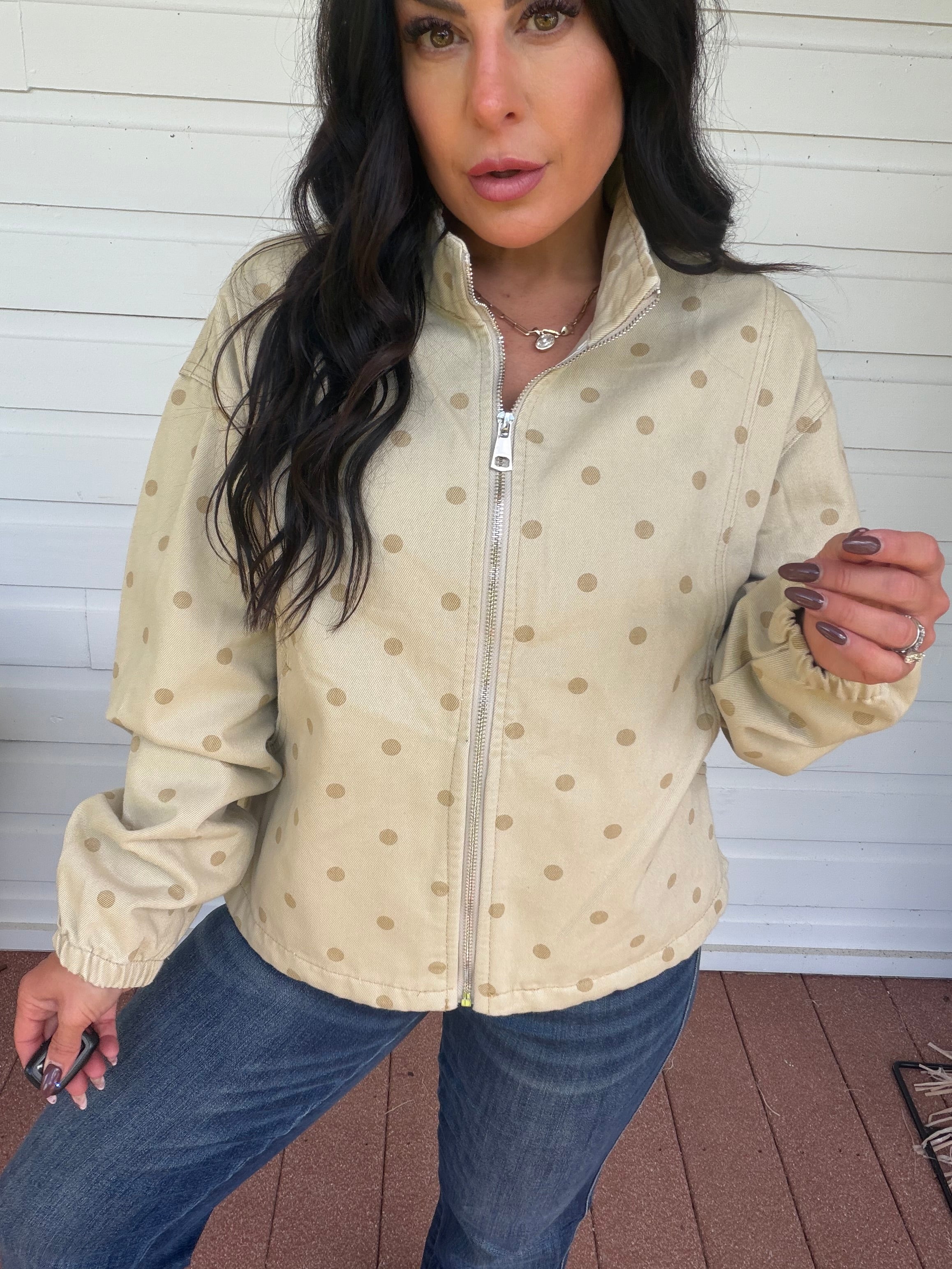 Taupe Dot Denim Zip Up Jacket