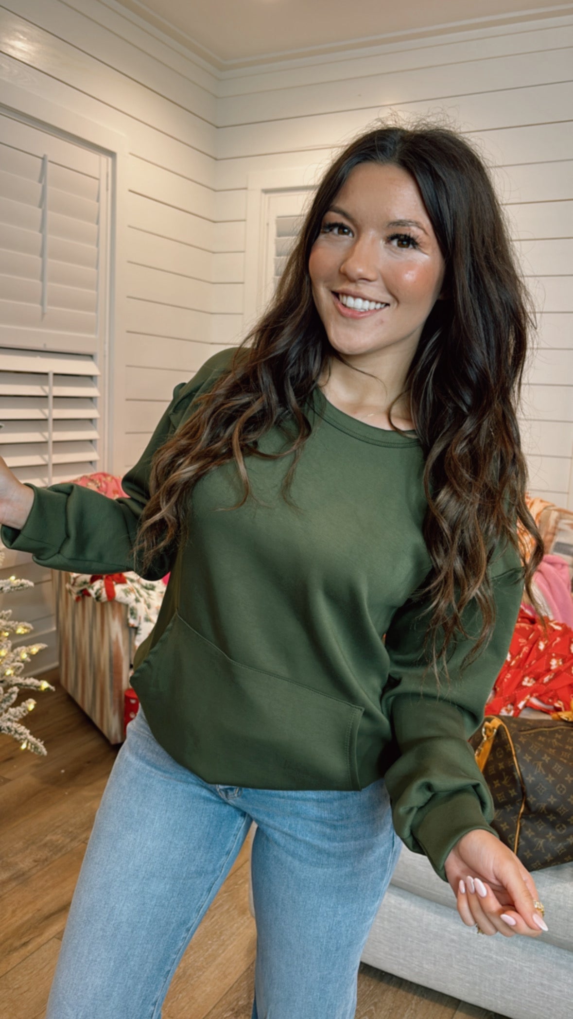 Olive  Long Sleeve Solid Scuba Sweater