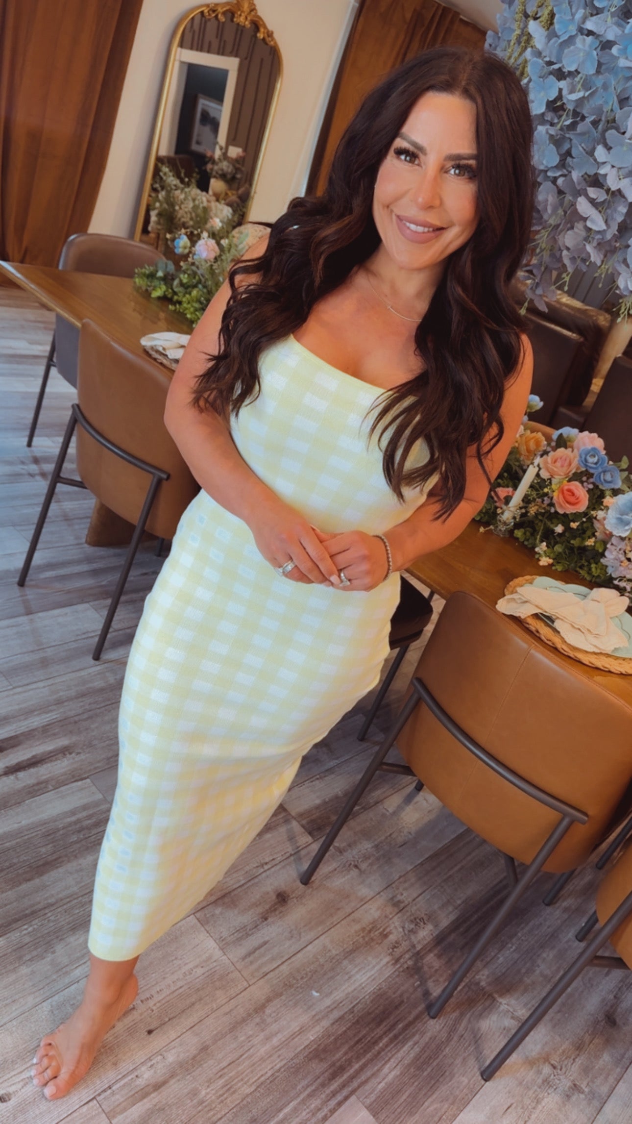 Yellow and White Gingham Luxe Midi Dress Stich and Co