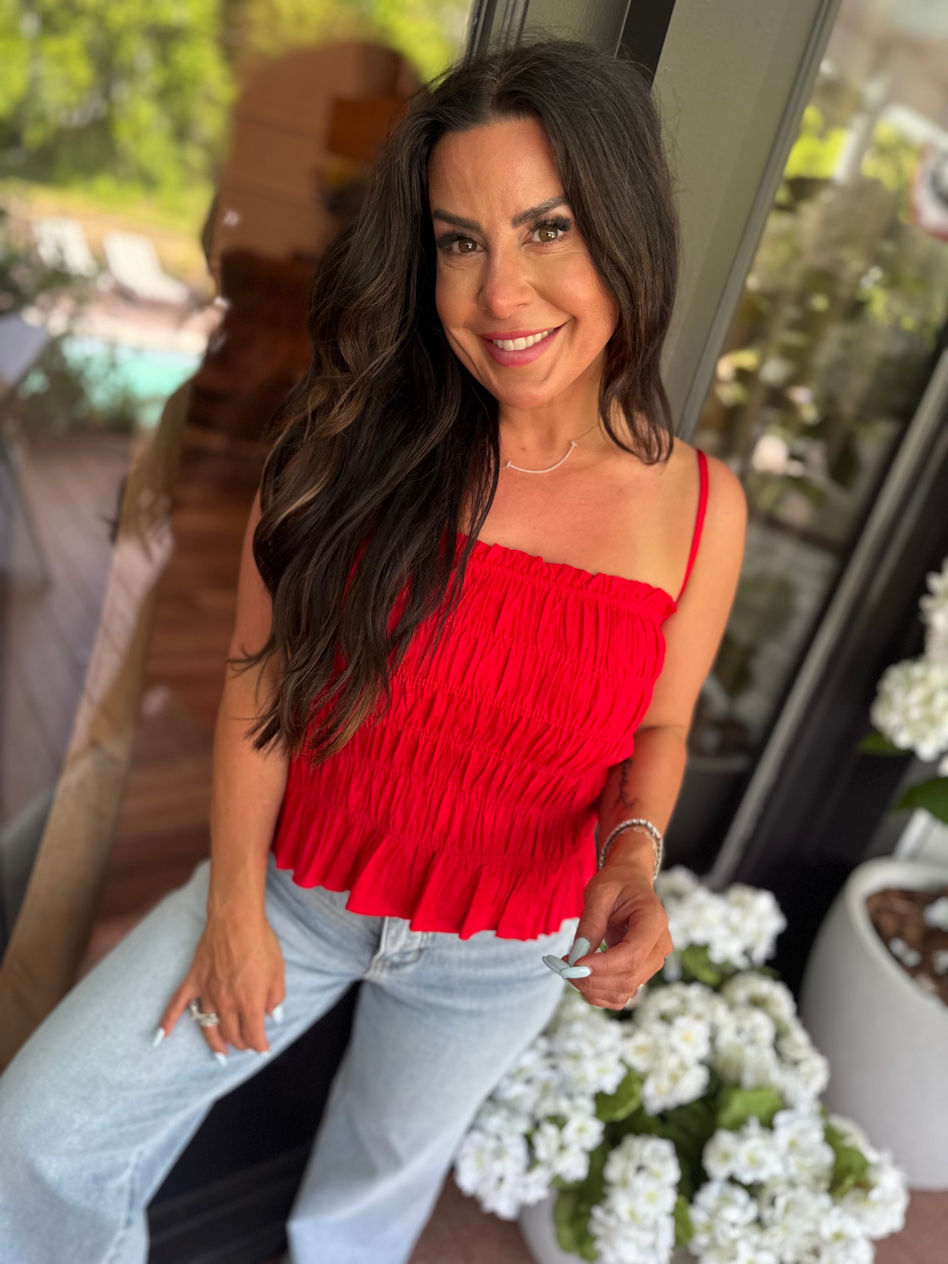 Luxe Red Textured Sleeveless Top Stich&Co