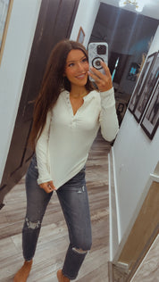 Natural 1/4 Button Ribbed long Sleeve Top