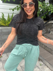 Ultra Soft Black Acid Wash Short Sleeve Top
