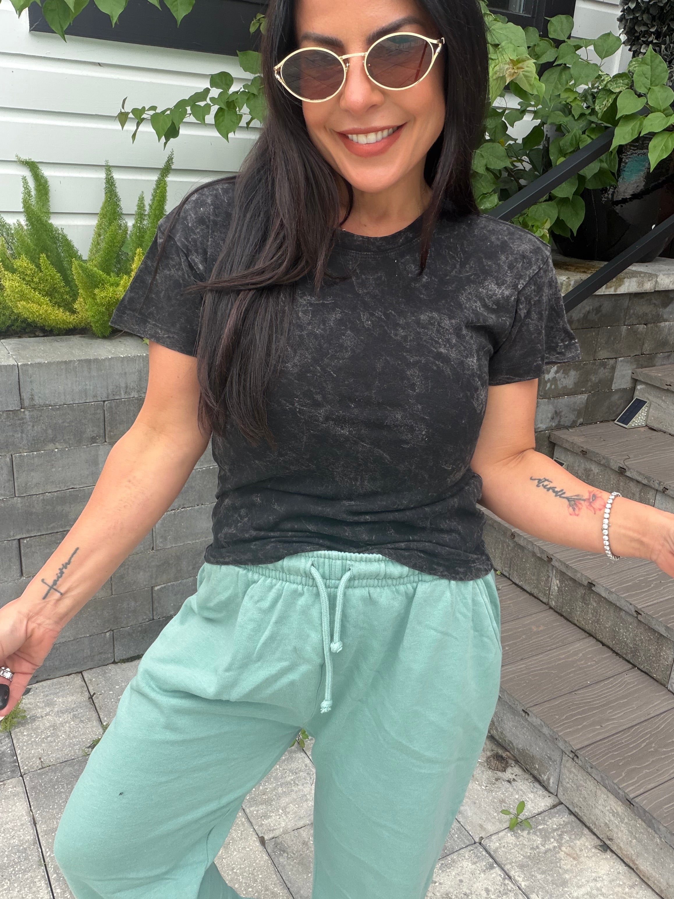 Ultra Soft Black Acid Wash Short Sleeve Top