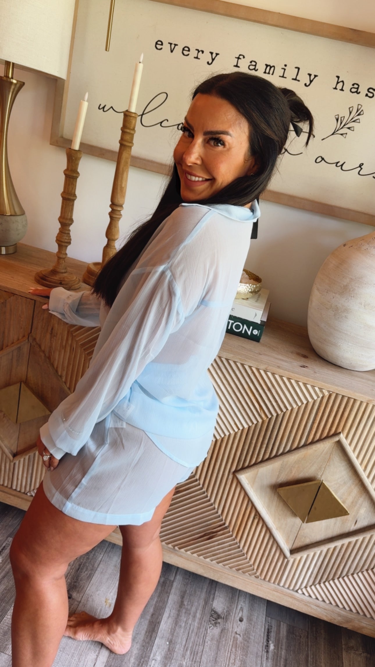 Sky Blue 2 Piece Chic Button Down Cover Up and Shorts