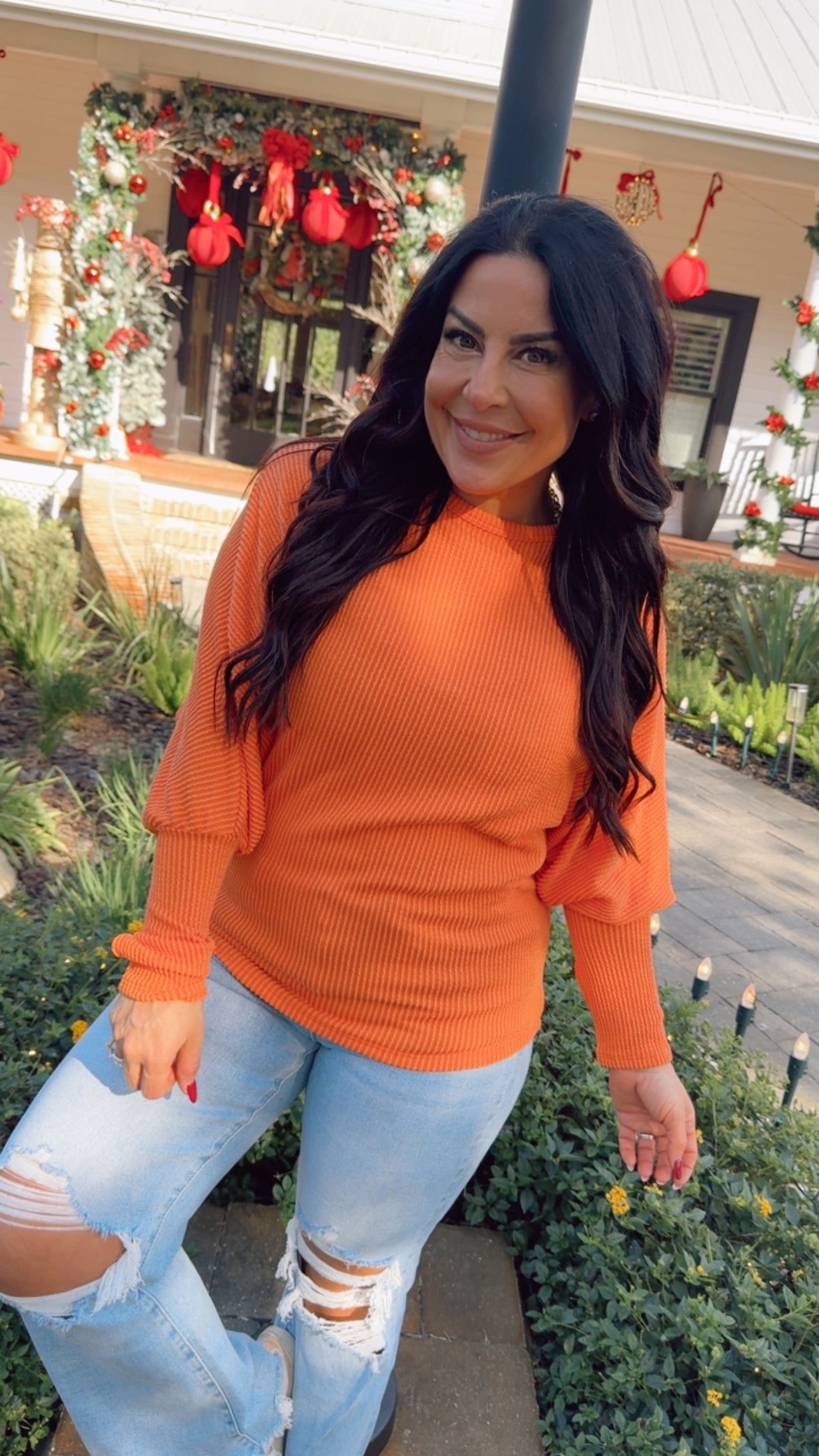 Orange Ribbed Long Sleeve Sweater Top