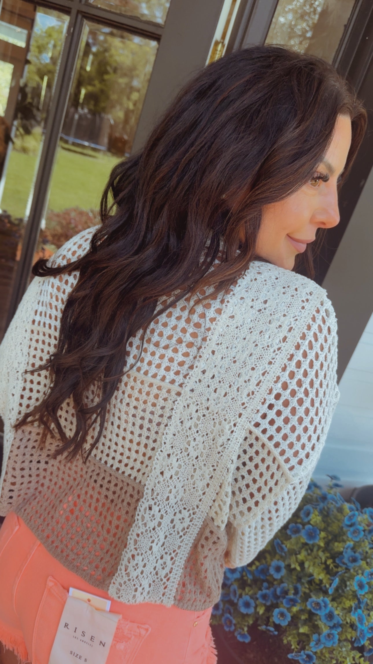 Pol Cream and Beige Crochet Knit Cropped Sweater Top