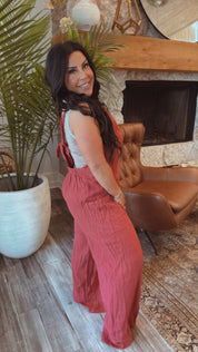 Chic Burgundy Textured Linen Overalls