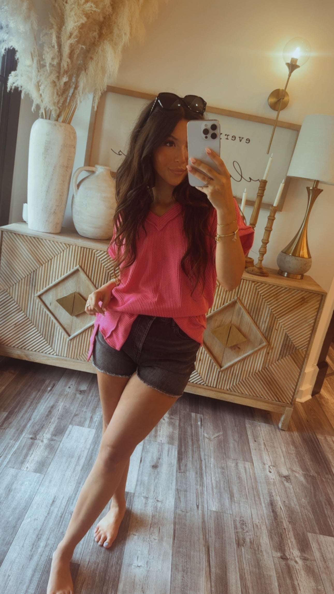 Hot Pink Ribbed Vcut Loose Fit Top