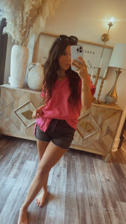 Hot Pink Ribbed Vcut Loose Fit Top