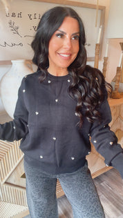“Heart of Gold” Luxe Ultra Soft Black and Silver Heart Studded Sweater