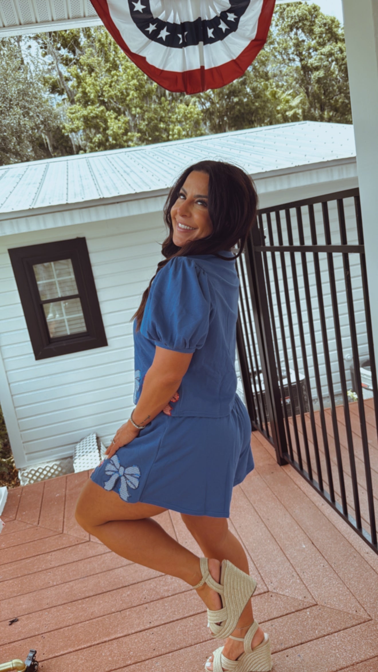 Blue and Red Gingham Sequin Bow Top