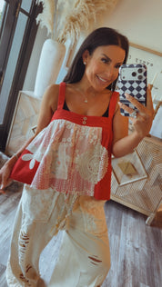 POL Ruby and White Lace Sleevless Top
