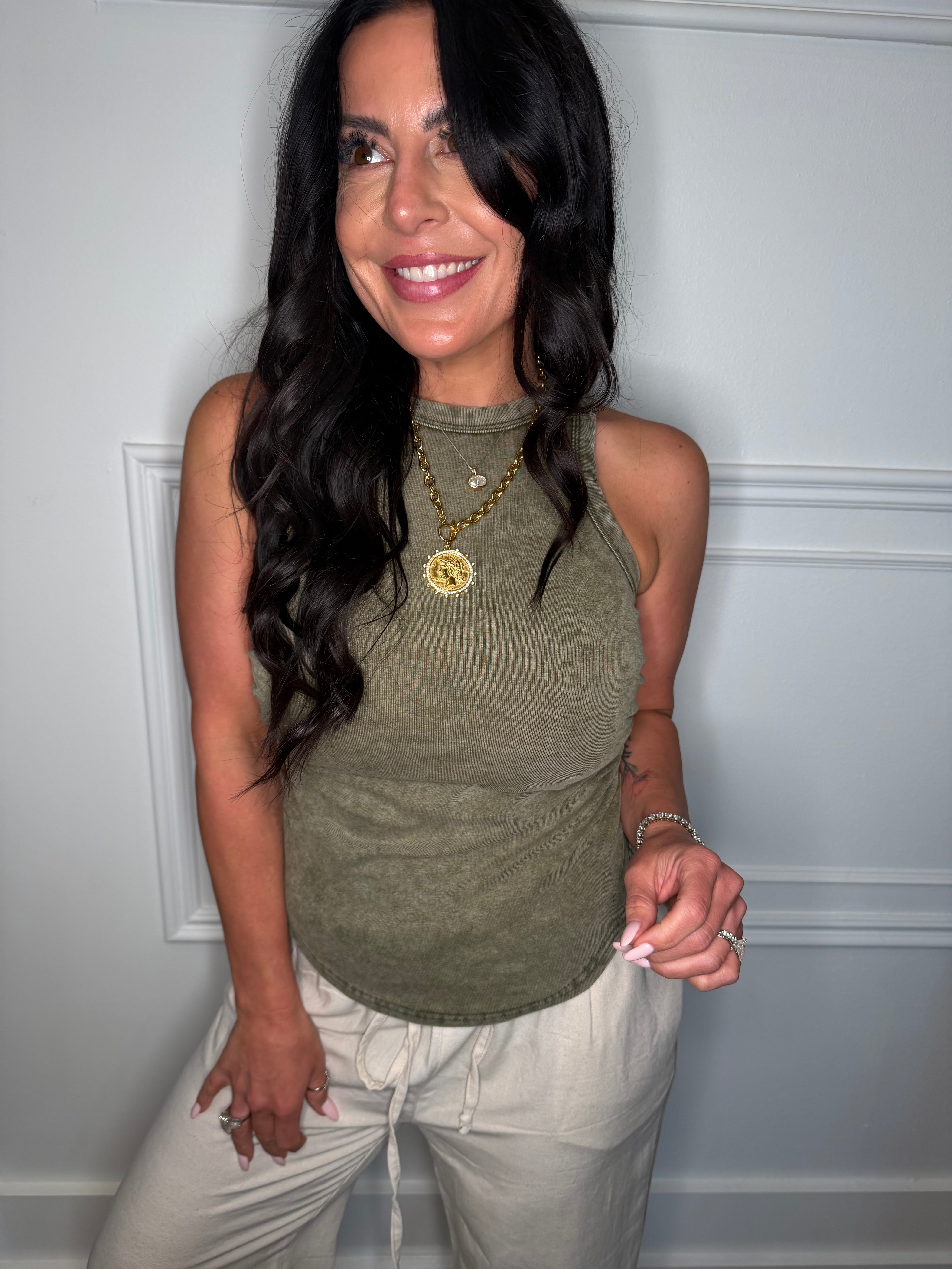Olive Acid Wash Side Ruched Tank
