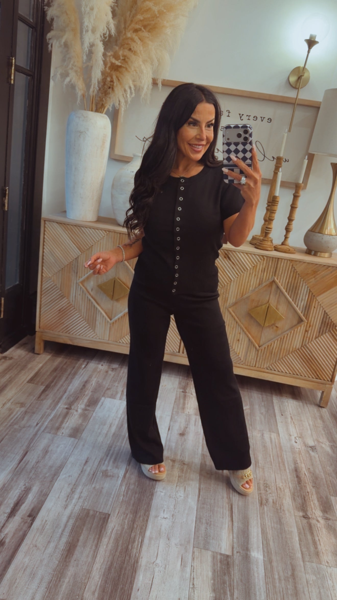 Chic Black Button Up Knit Top and Pants Set