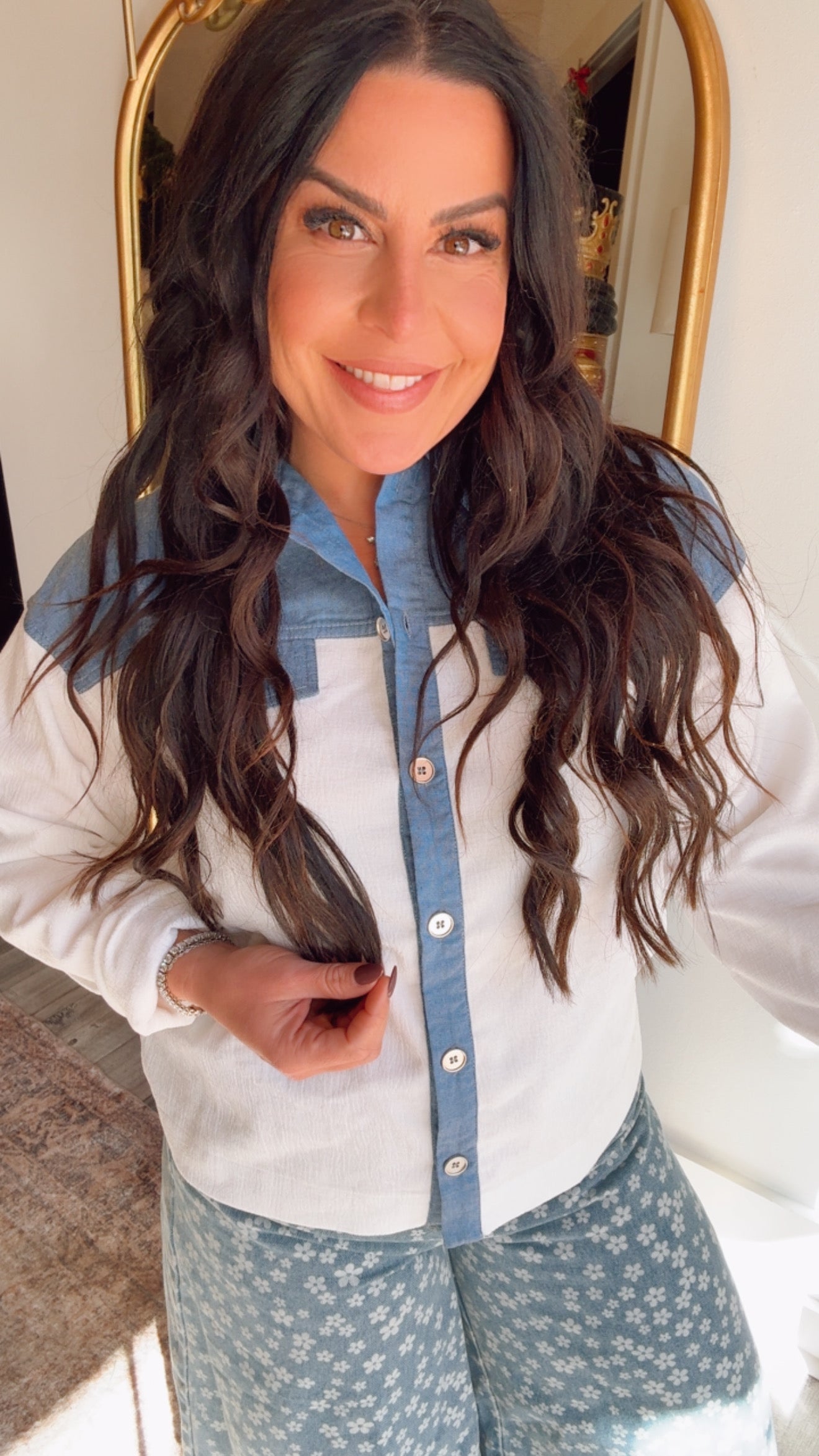 Cozy Co Chic Blue and Crushed velet white Denim Button Up long Sleeve Top