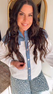 Cozy Co Chic Blue and Crushed velet white Denim Button Up long Sleeve Top