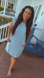 Light Blue Ruffle Sleeve Textured Dress