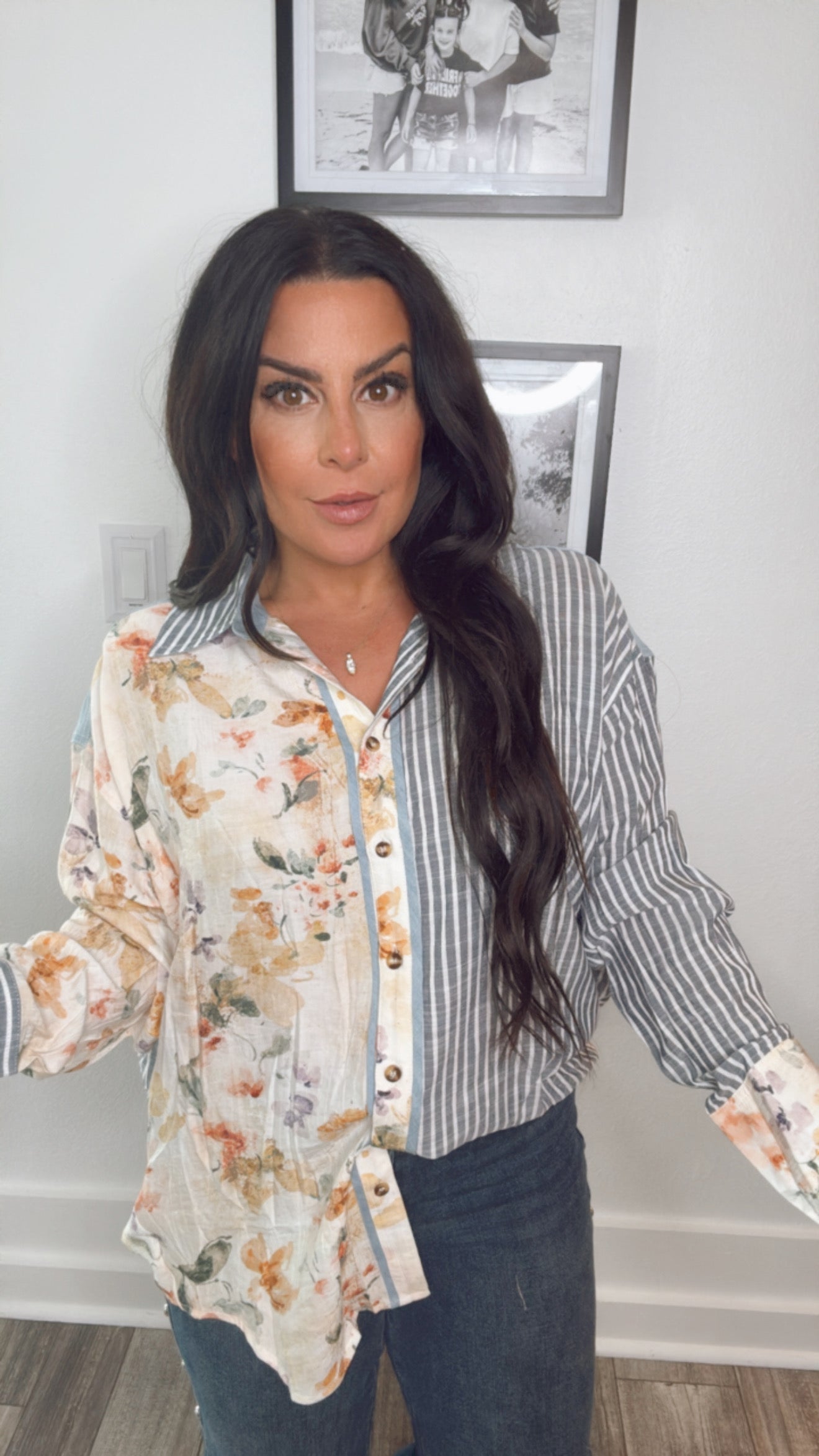 Denim Pin Stripe and Floral Button Up Long Sleeve Top