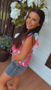 Pink and Blue floral Ruffle Sleeve Key Hole Tie Top