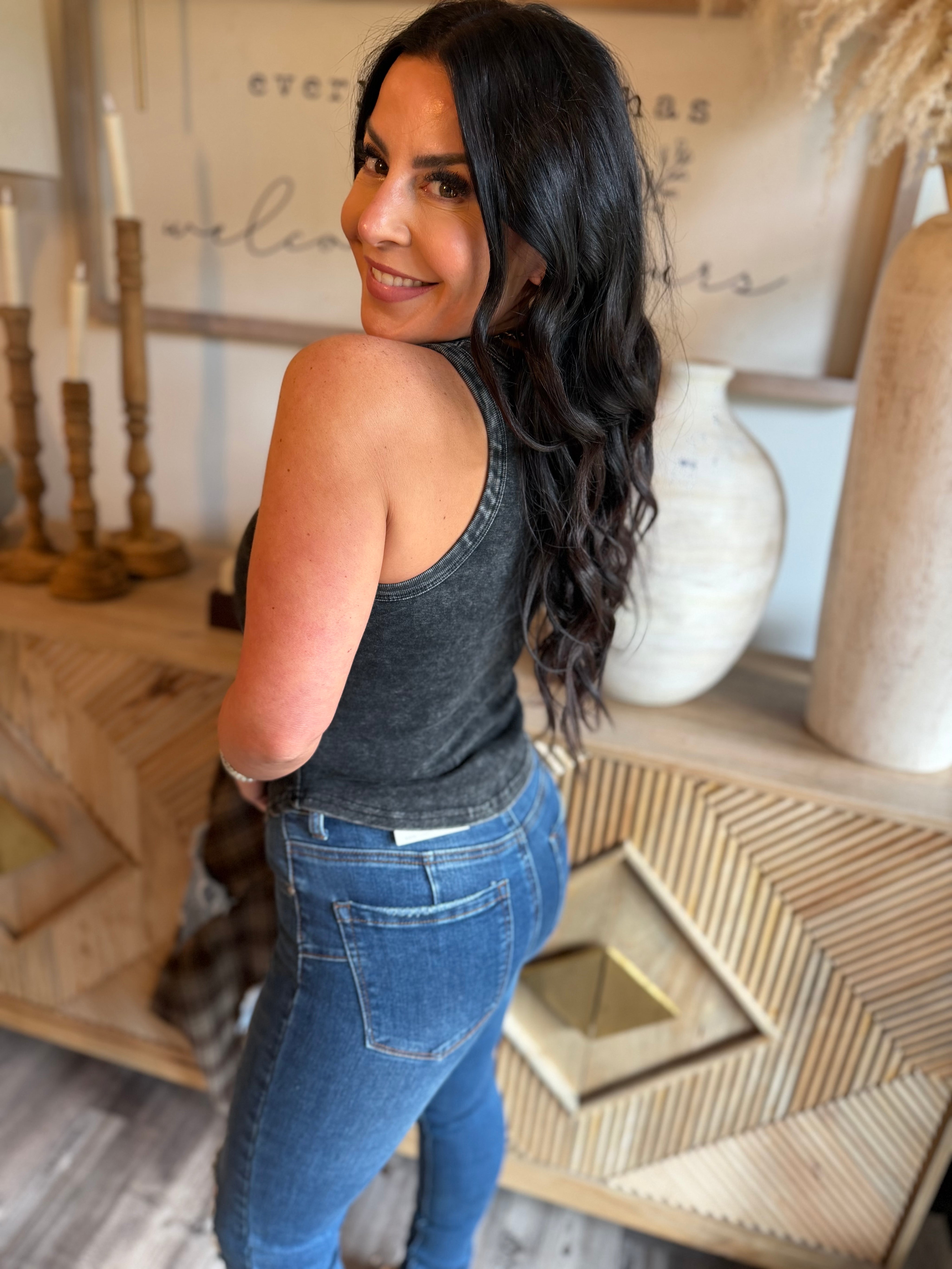 Black Acid Wash Side Ruched Tank