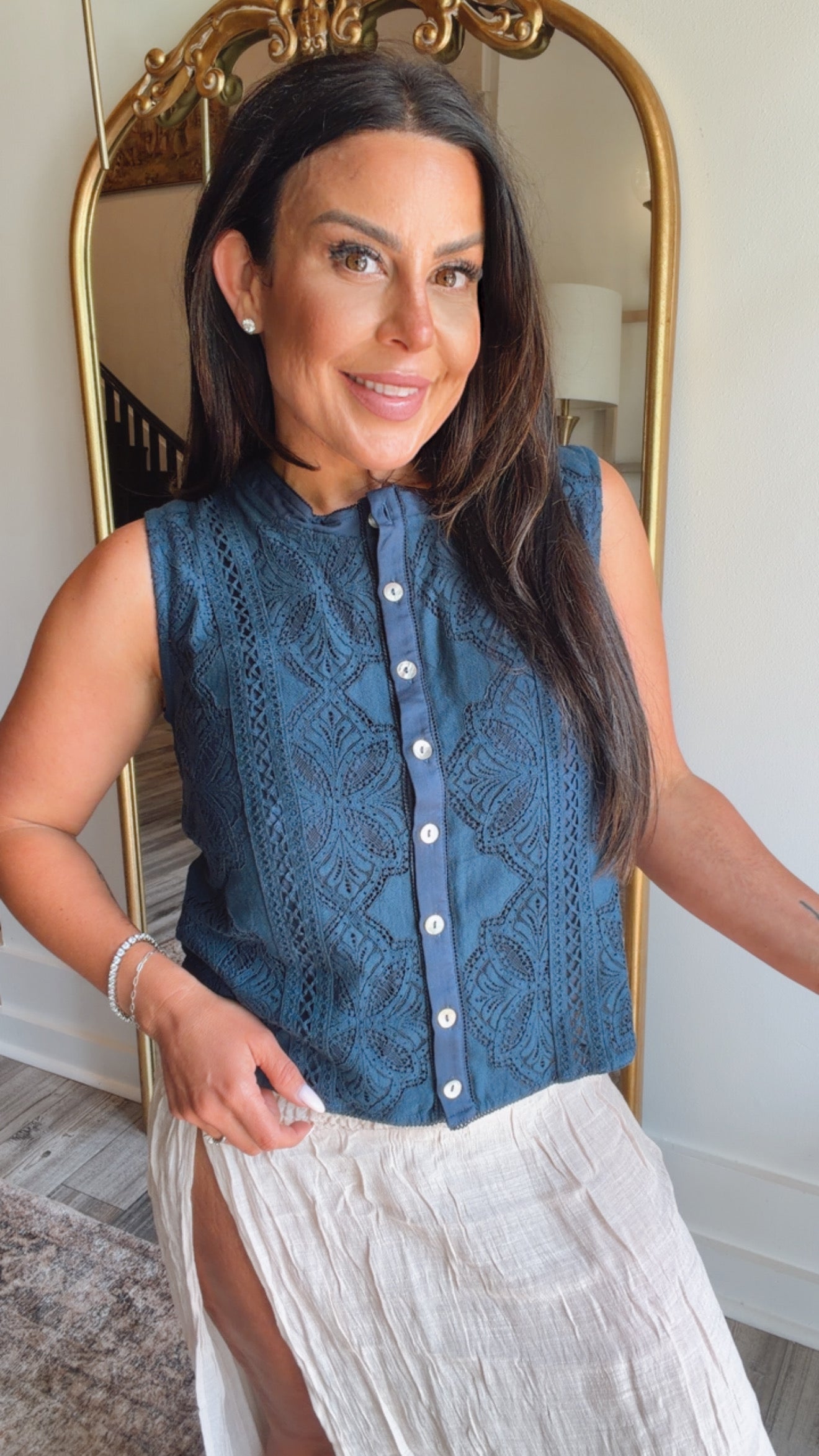 Light Navy Lace Button Up  Elegant  Top