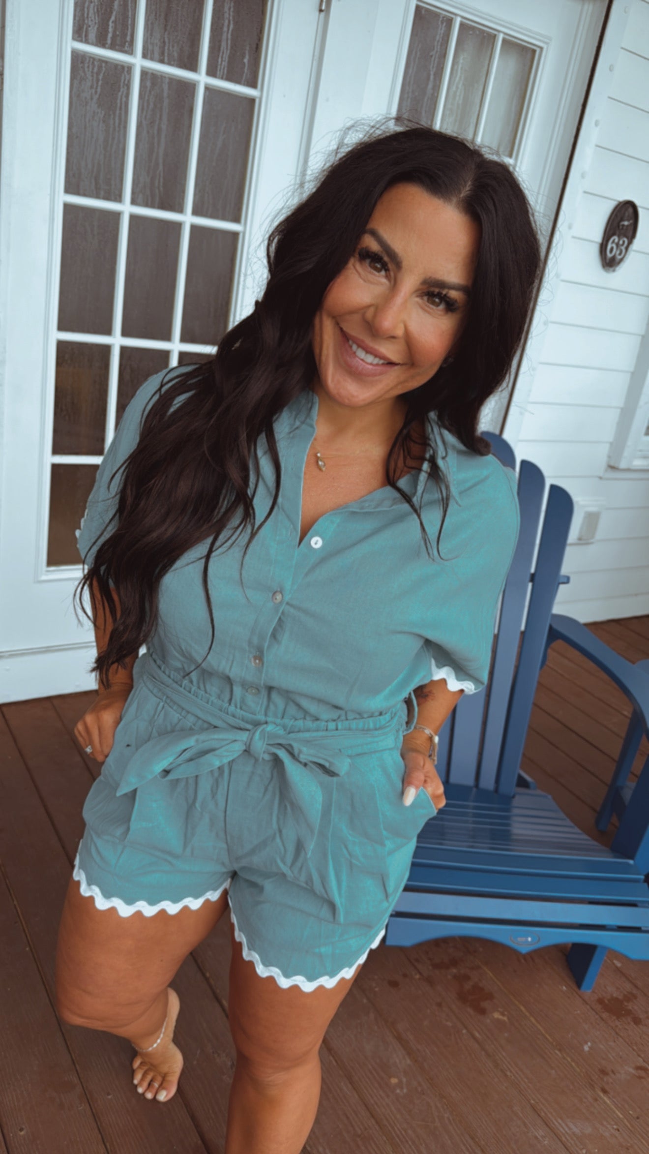 Ocean Blue and White Scalloped Piped Romper