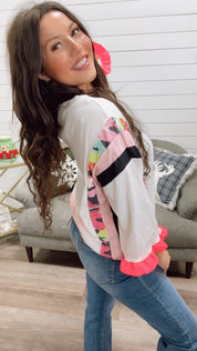 White Micro Waffle Knit Long Sleeve Top  With Camo and Pink Ruffle Trim *Final Sale*