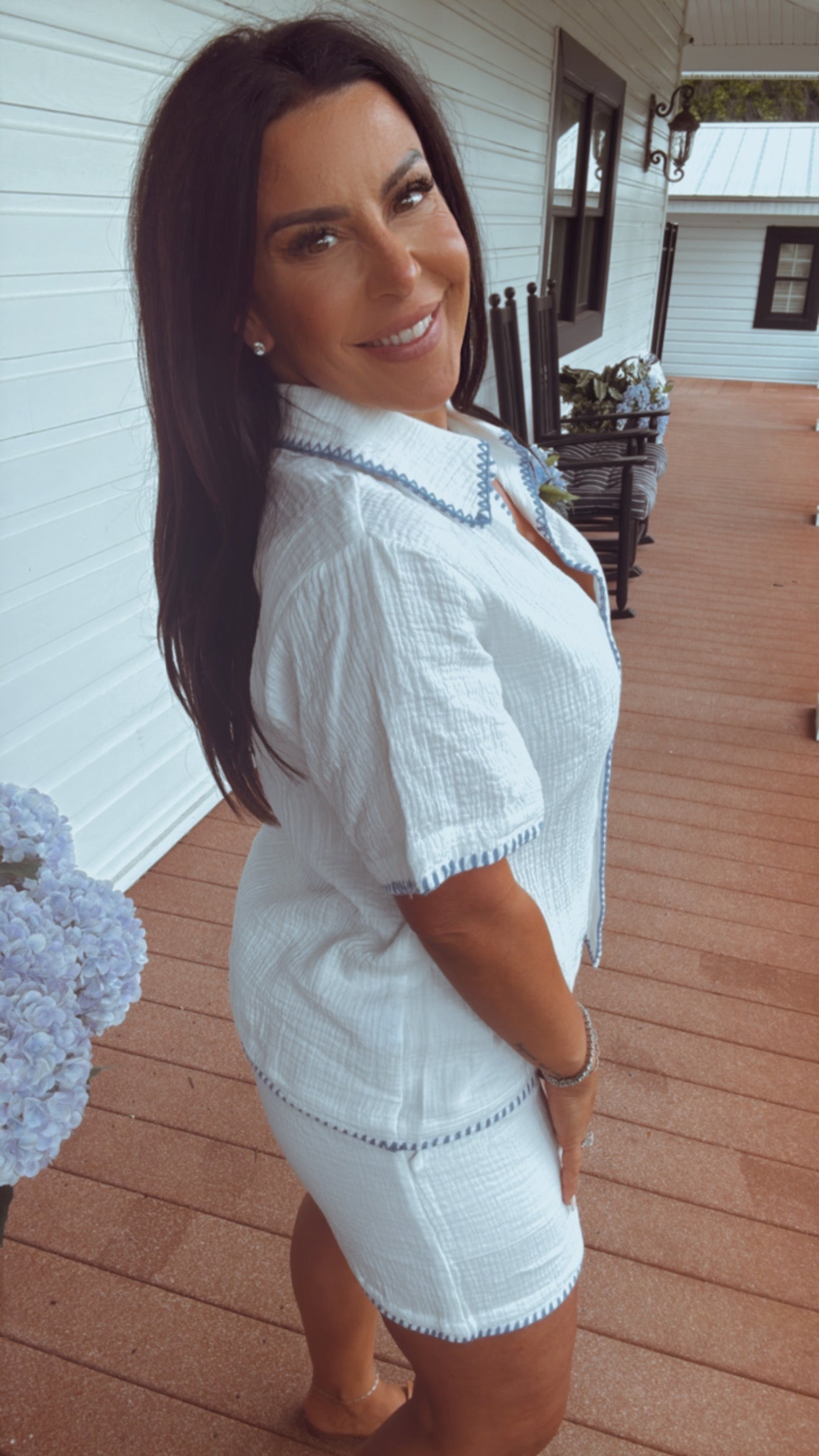 Chic White and Blue Lined Stich Shorts