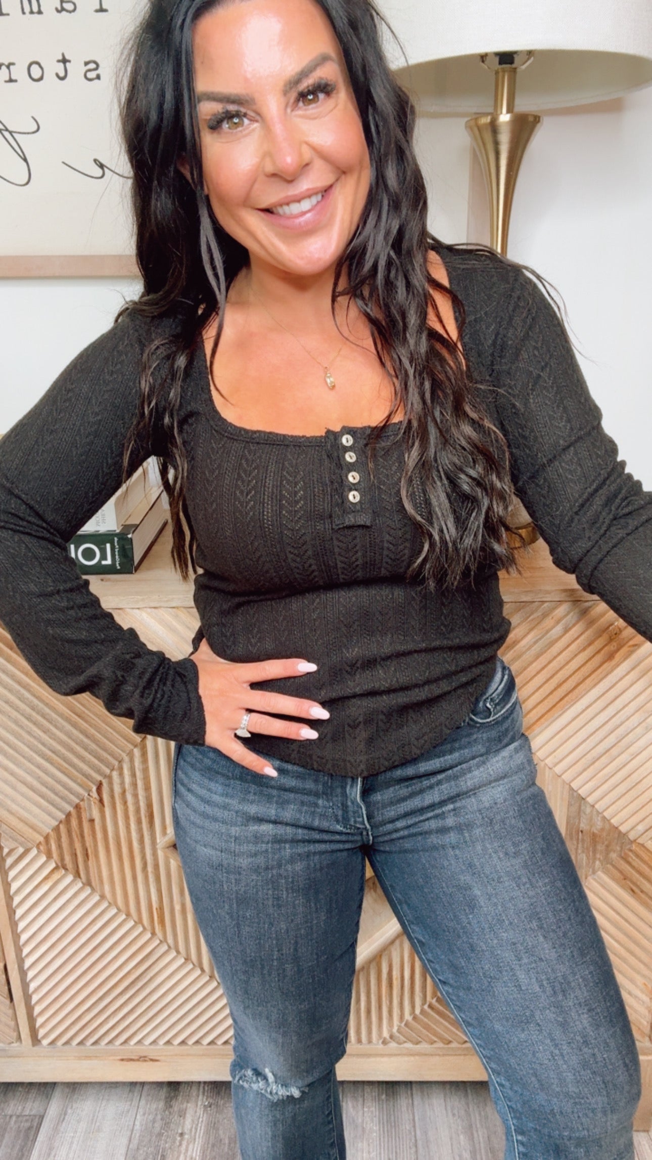 Chic Black 1/4 Button Long Sleeve POL Top