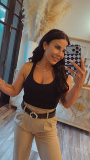 Khaki Wide Leg Belted Pants