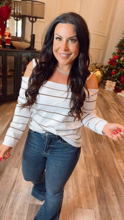 Cozy co White and Brown Striped Cold Shoulder Long Sleeve Top