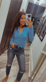 Denim 1/4 Button Ribbed long Sleeve Top