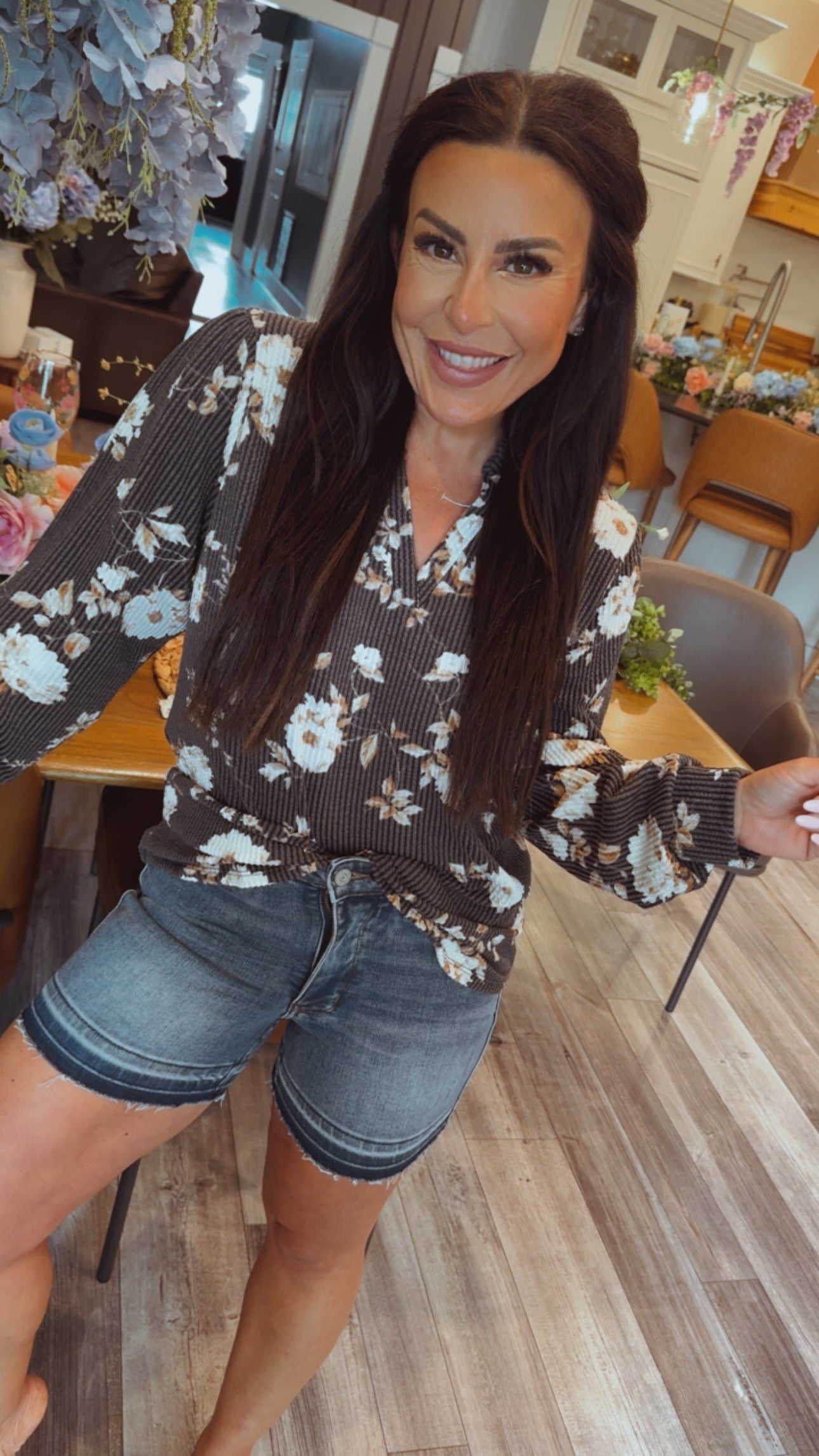 Black Ribbed Floral Loose Fit Long Sleeve Top
