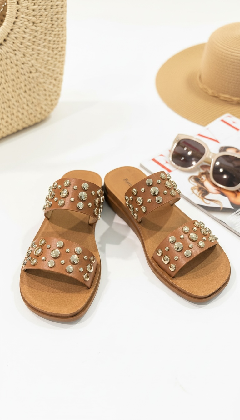 Dark Tan And Gold Studded Sandals