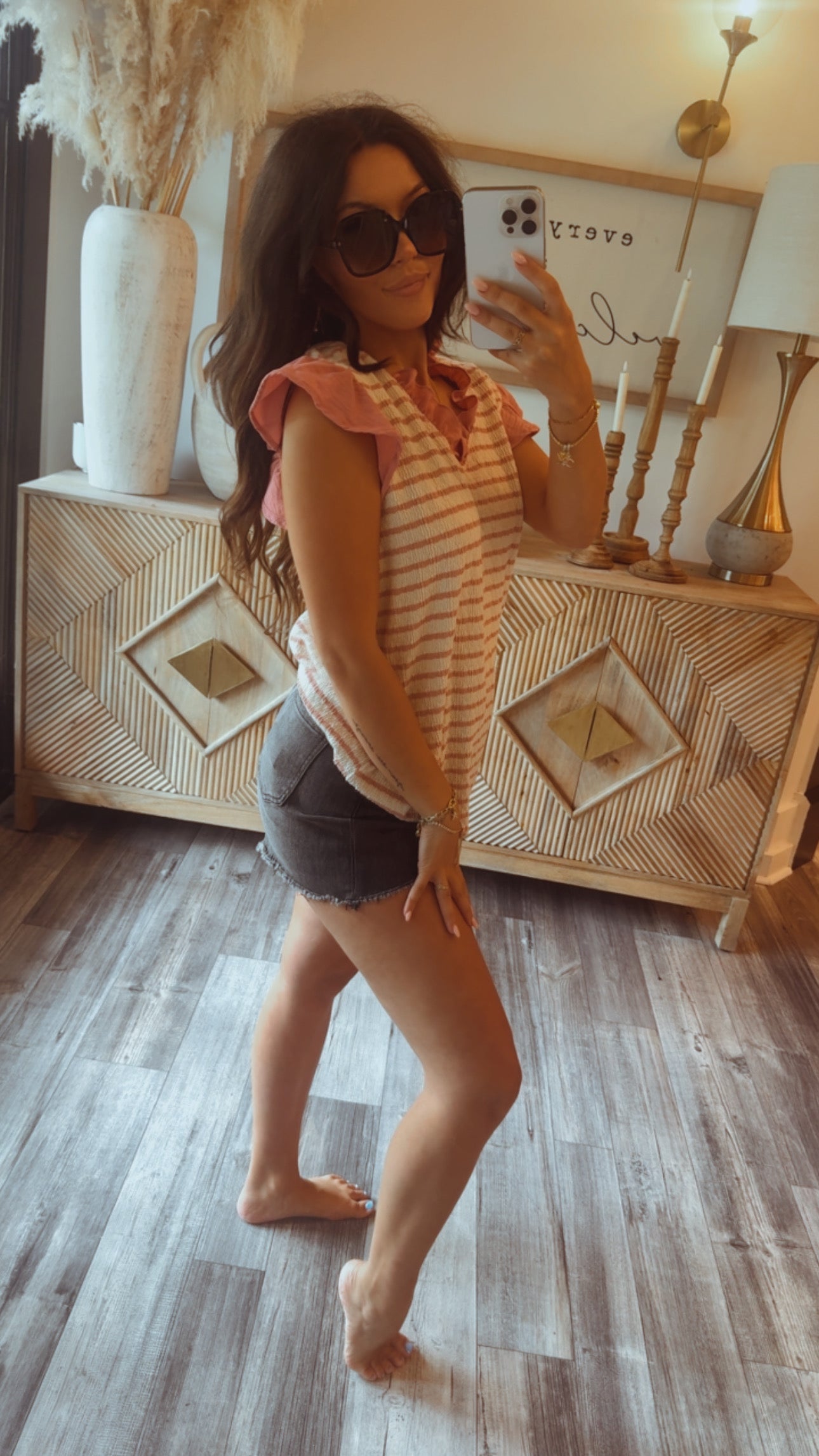 Pink and Cream Stripe Ruffle Sleeve Top