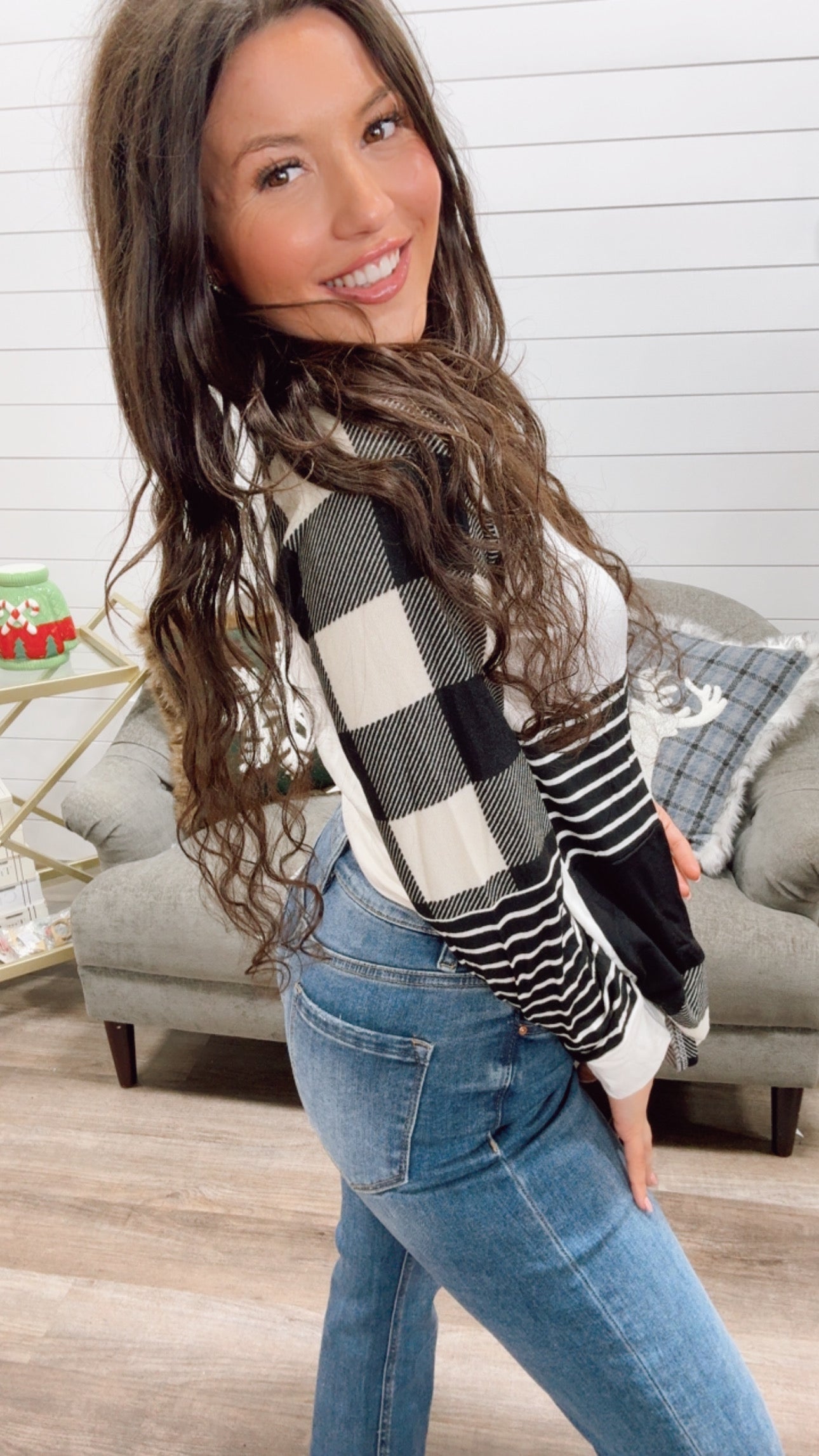 Black and White Plaid and Stripe Ultra Soft Long Sleeve Top *Final Sale*