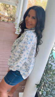 Chic Lightweight Ivory And Navy floral Button Down Top