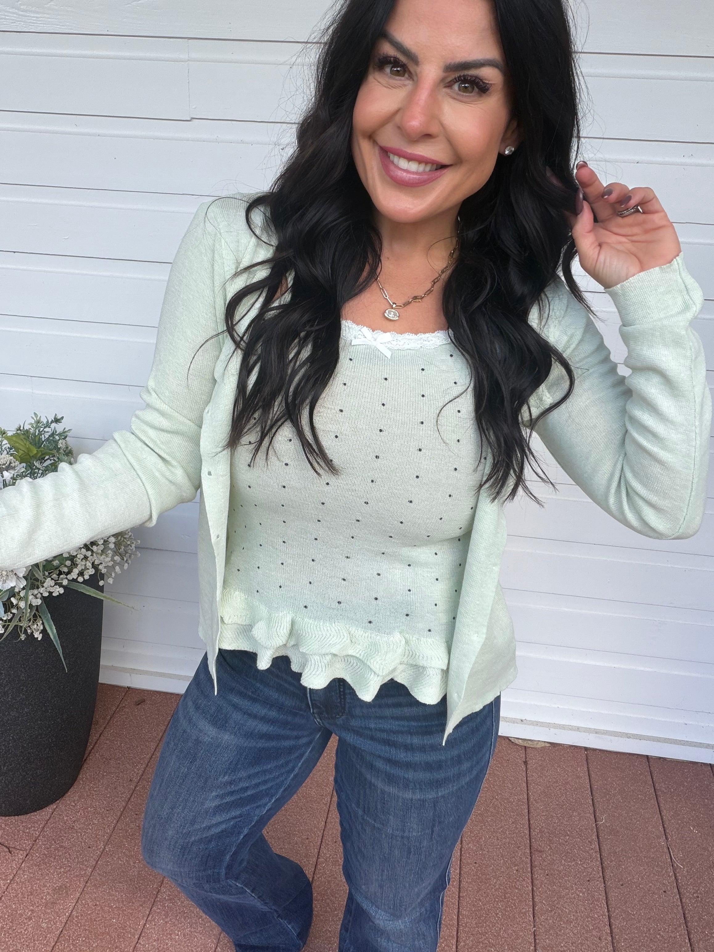 Light Green Knit Two piece Cami Tank And Sweater Top Set