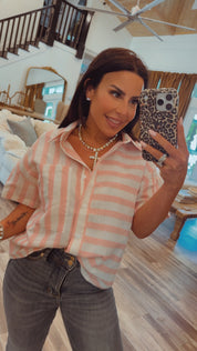 Pink and White Striped Button Up Top