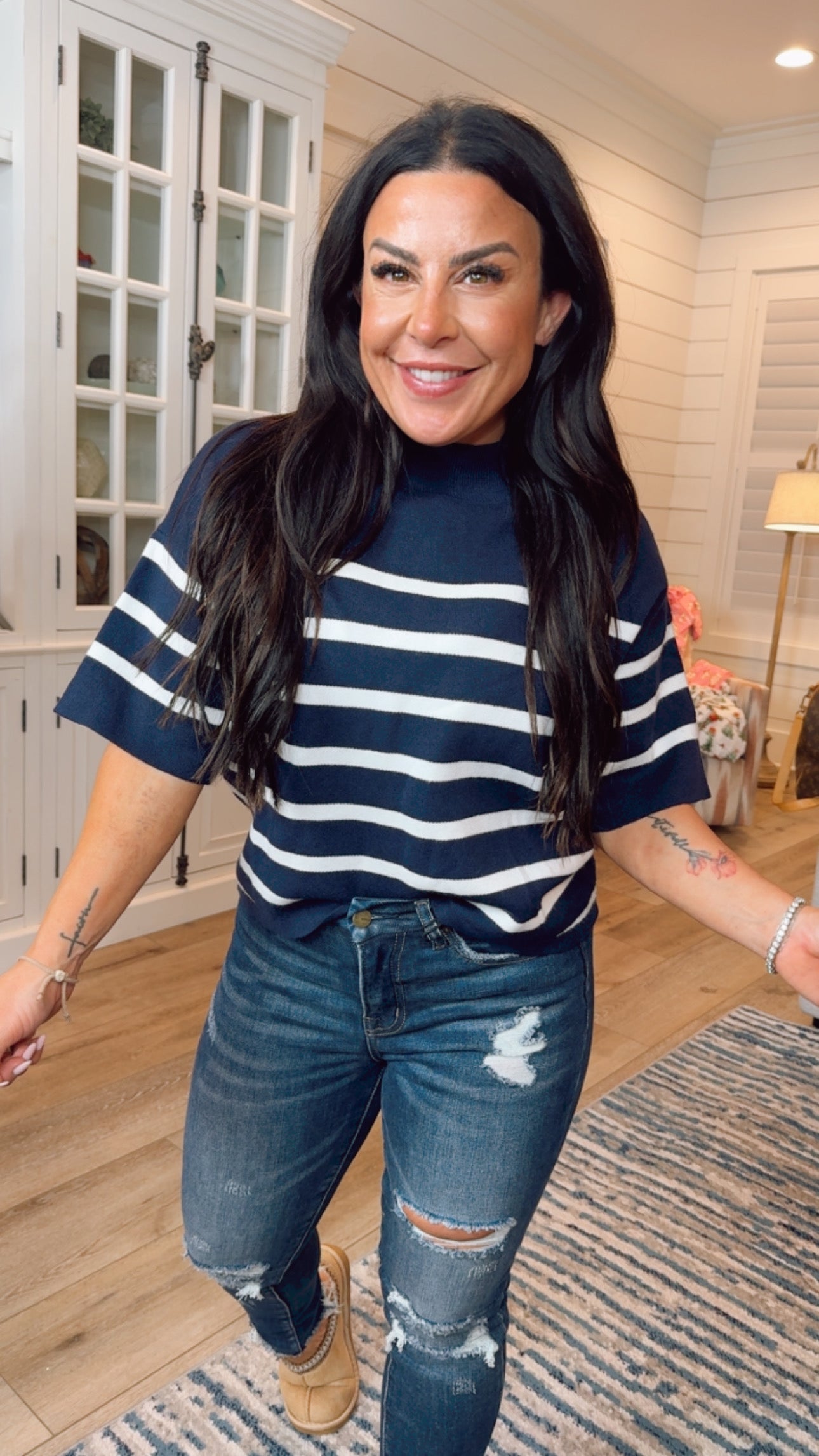 Navy and White Knit Relaxed Fit Top