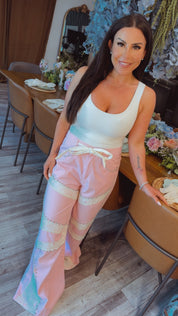 Chic POL Pink and Striped Denim And Lace Pants