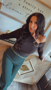 Black and Gold Buckle Long Sleeve Bodysuit