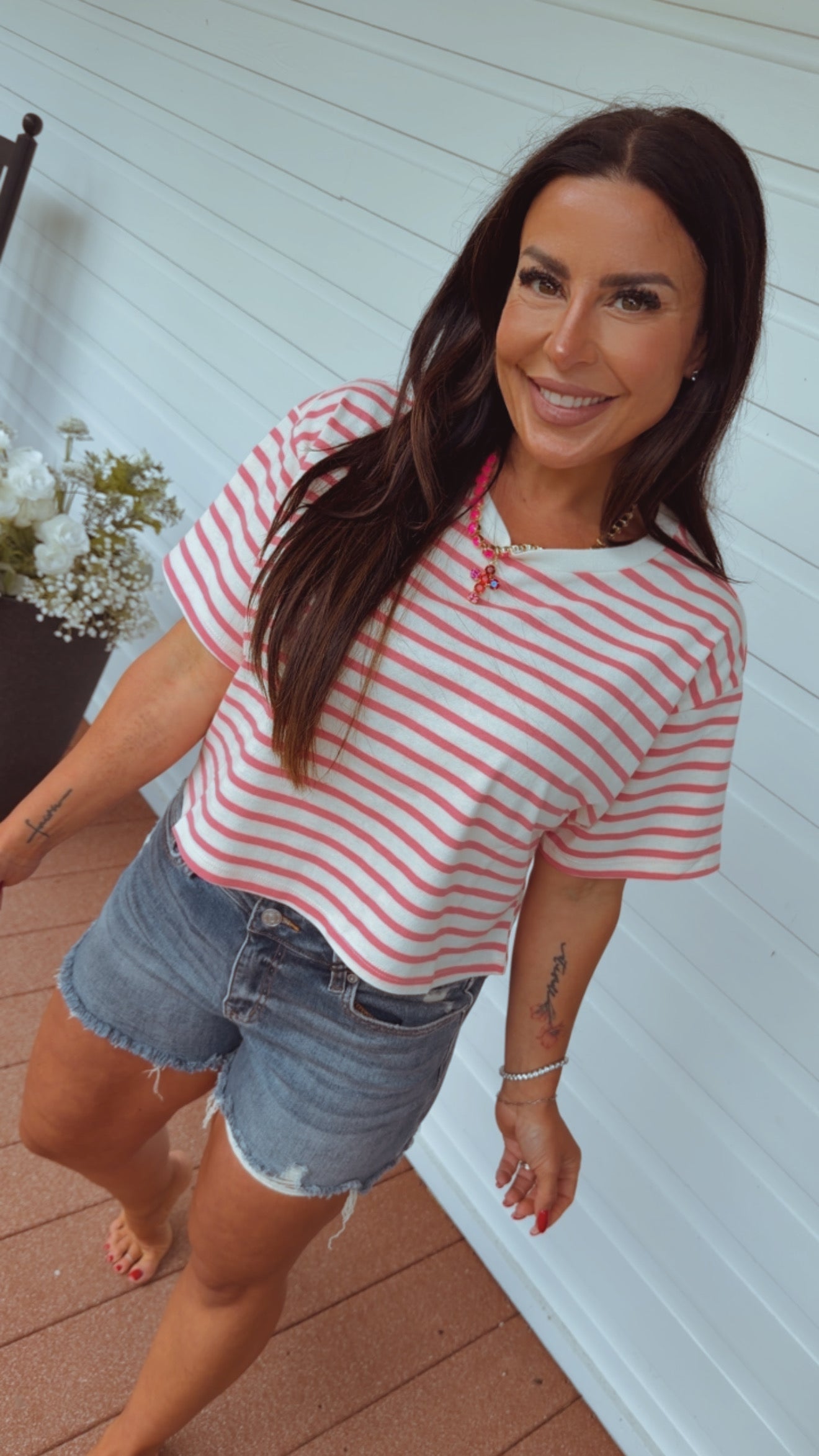 Pink and White Striped Lightweight Crop