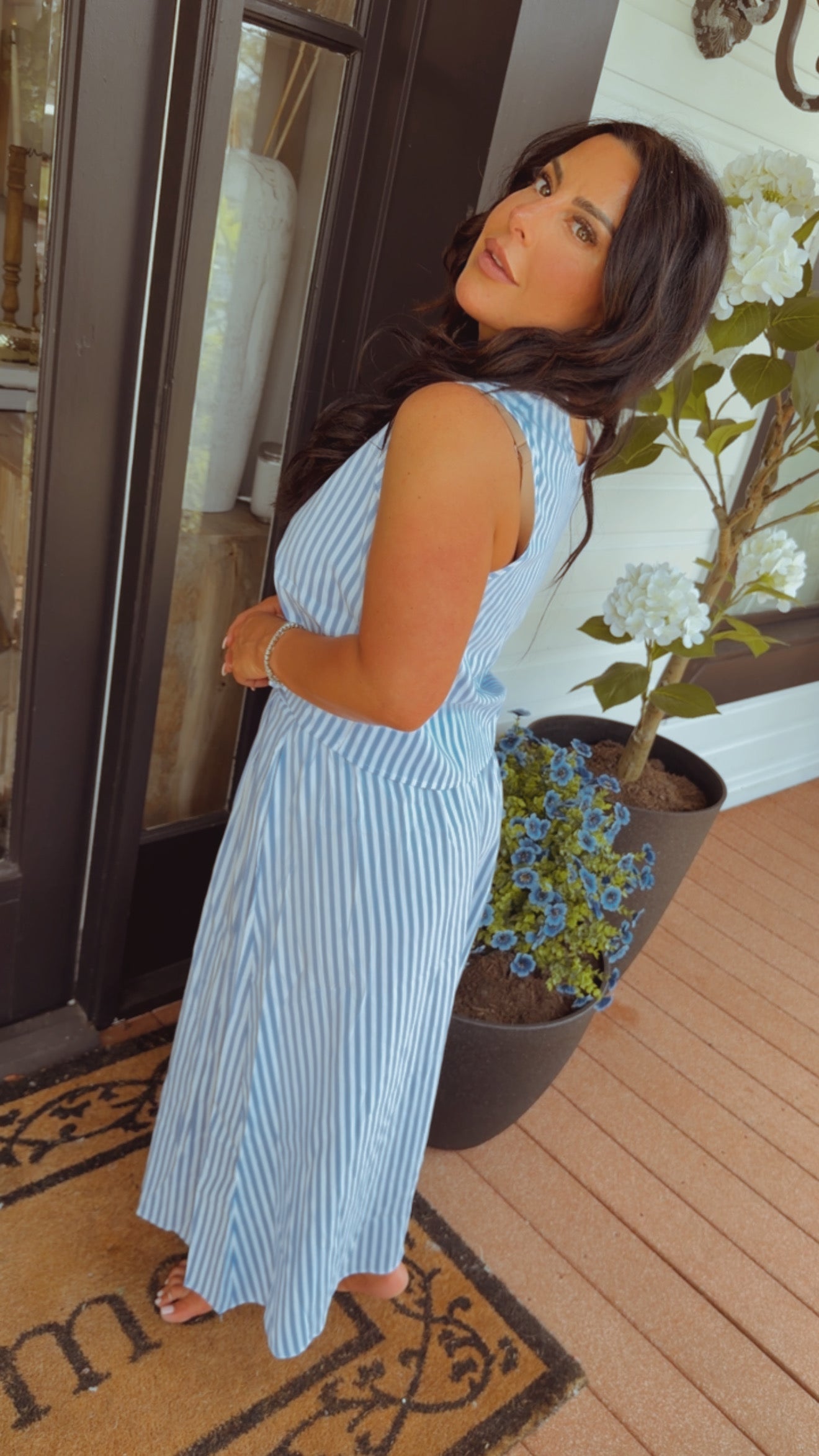 Chic Blue and White Stripe e Vest and Midi Skirt Set