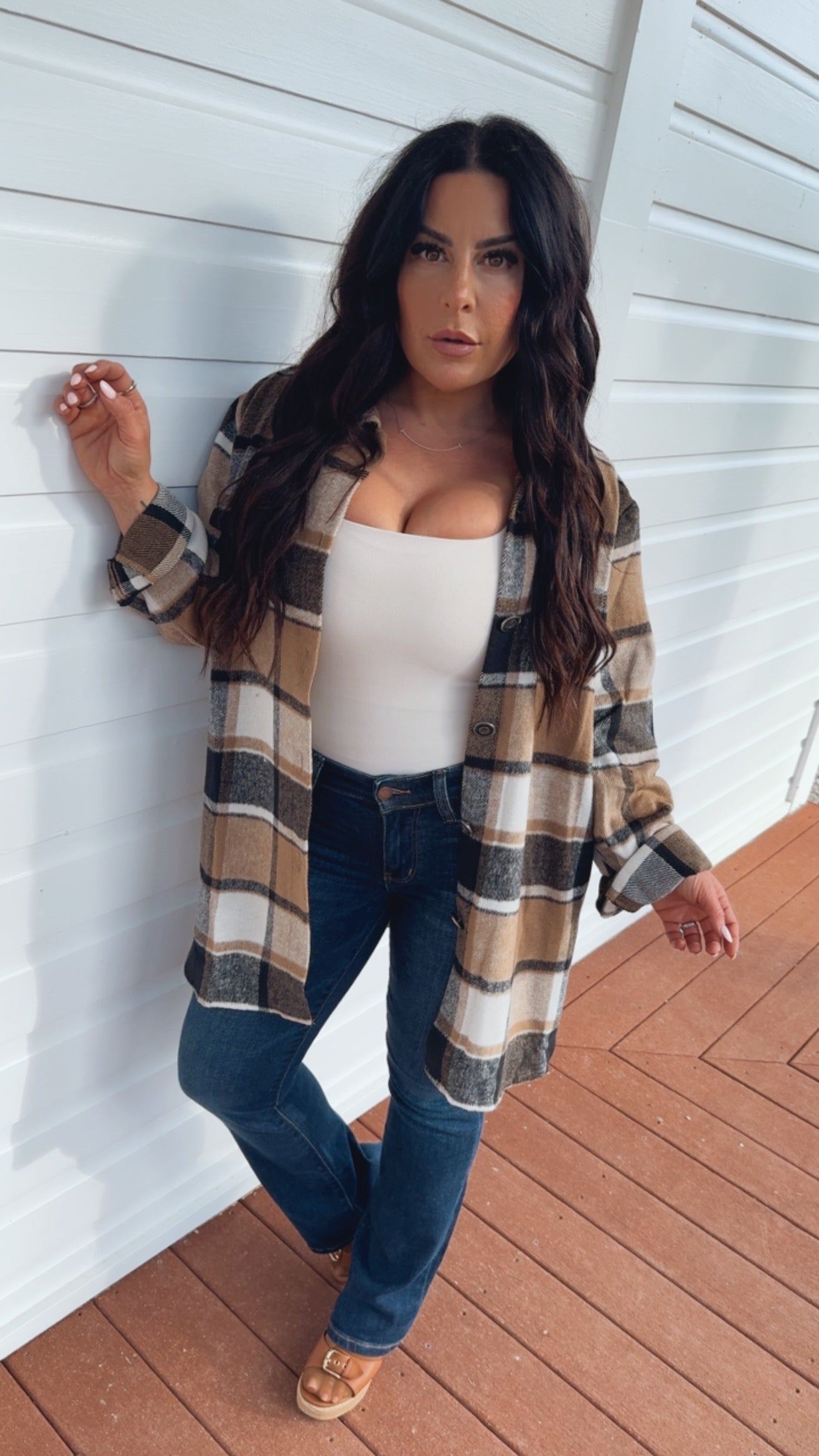 Chic Plush Brown White and Black Plaid Shacket