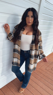 Chic Plush Brown White and Black Plaid Shacket