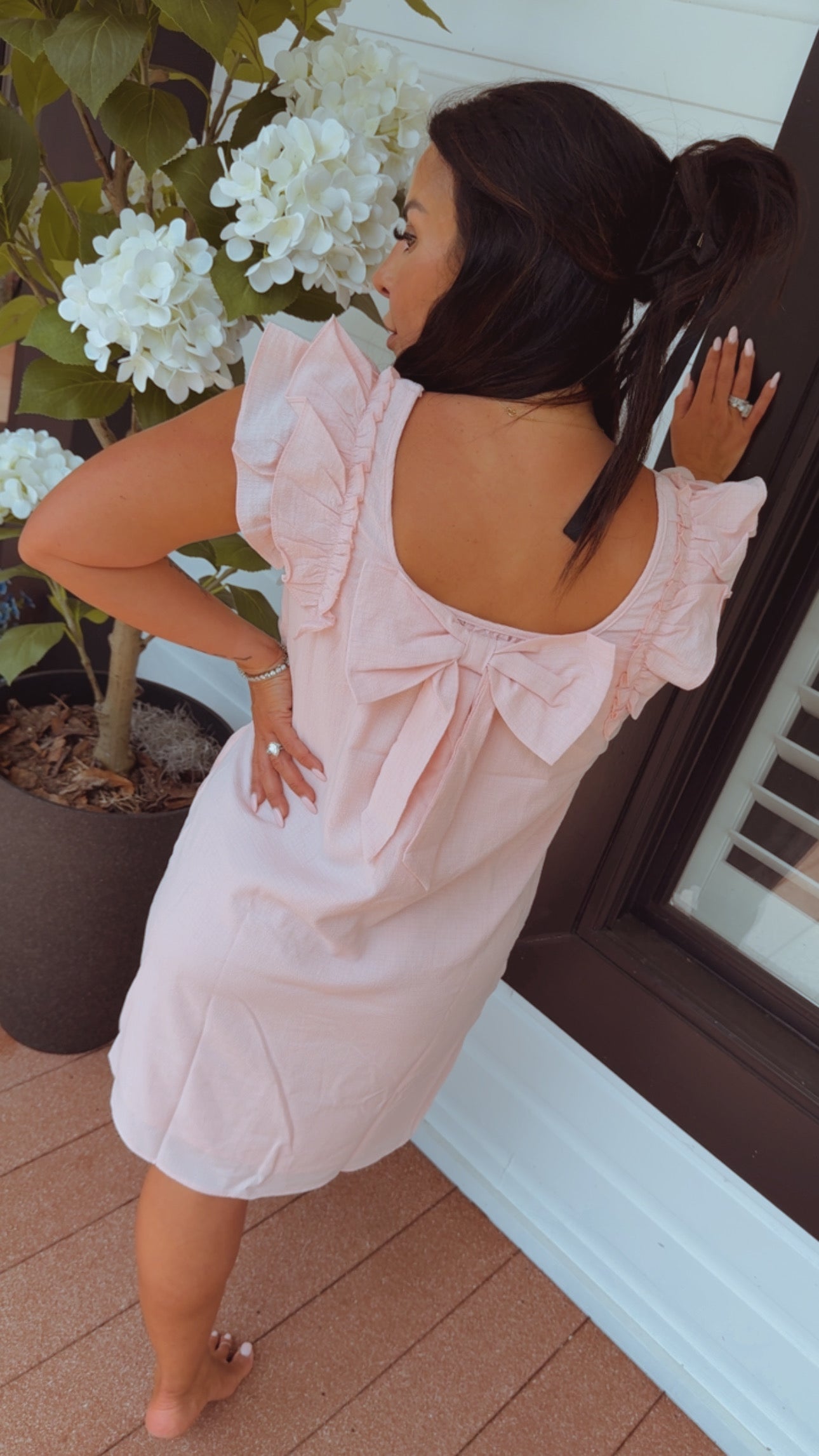 Soft Textured Ruffle Sleeve Bow Dress