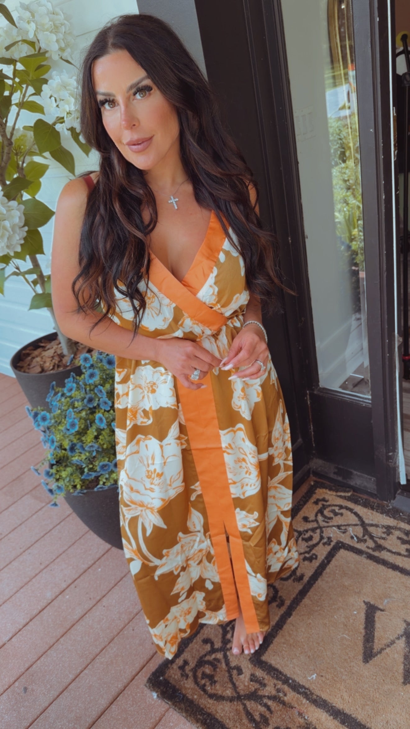 Camel and Orange Satin Maxi Dresss