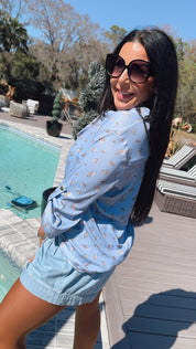 Heaven Soft Blue and Pink Floral Long Sleeve Veeck Top